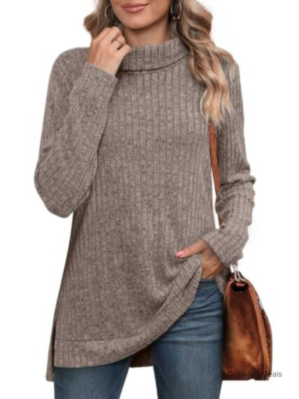 Turtleneck Tunic Top Oversized Sweater Long Sleeve Side Split High Low Hem Fall